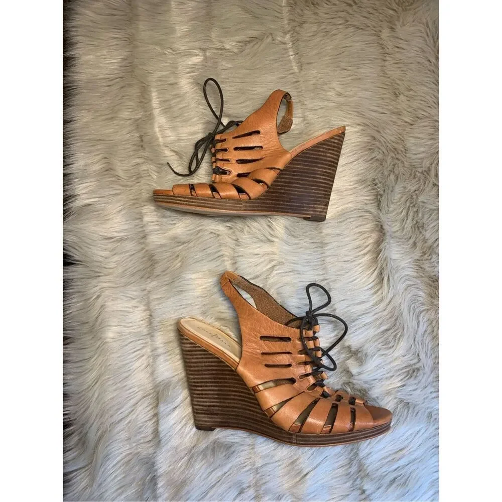 Cole Haan Light Brown Leather lace up wedge sandals Size 9B Womens Shoes Gladiat